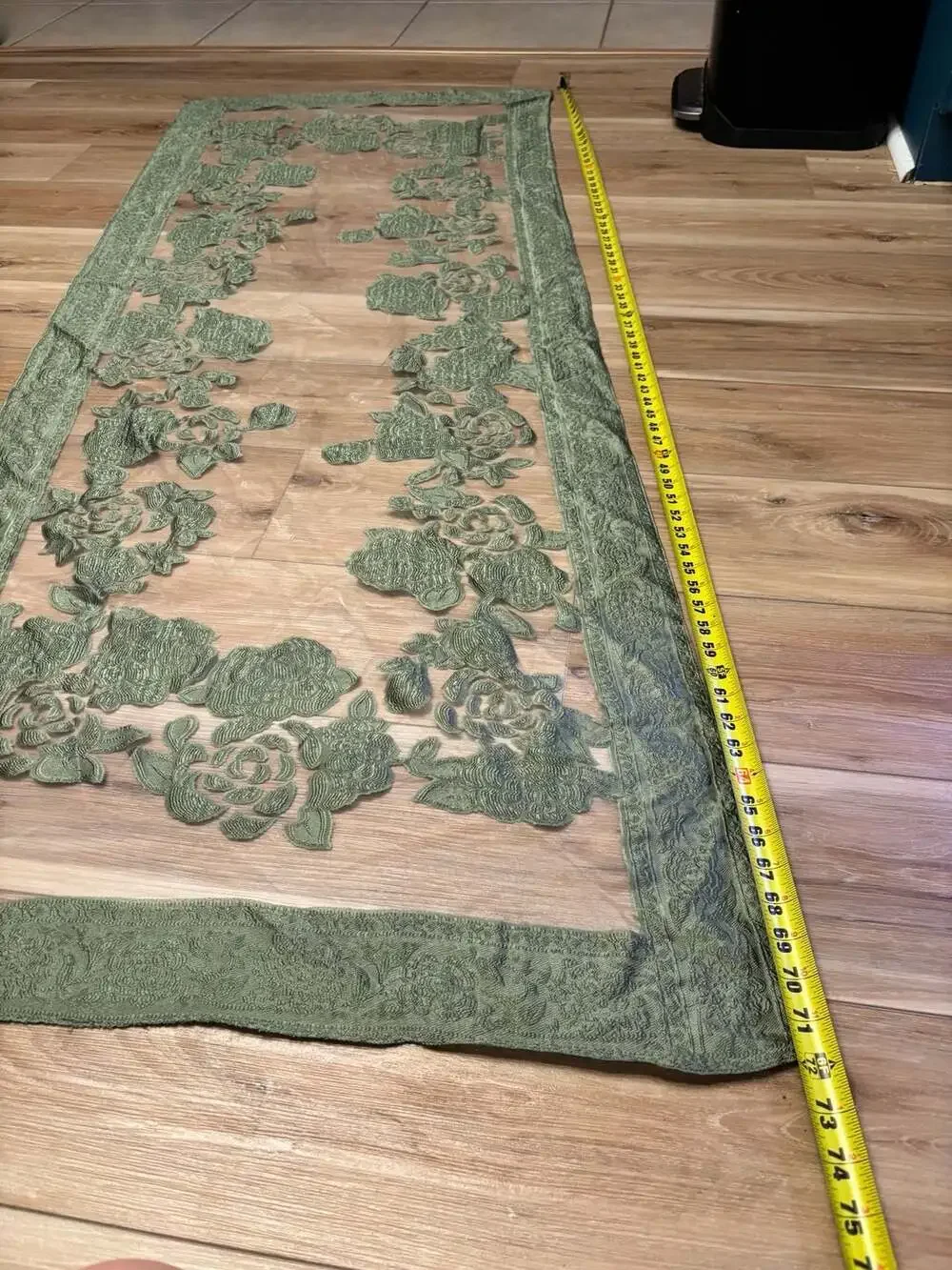 Olive Green Floral Embroidered Sheer Lace Table Runner or Decorative Scarf